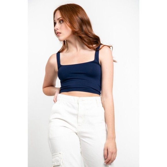 NWT Free People Intimately Scoop neck Crop top M/L Navy Blue - Picture 2 of 7